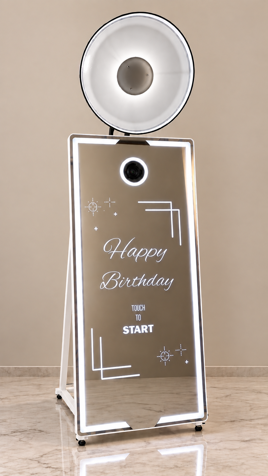 The Photo Bash Co. Mirror Photo Booth with its studio beauty light and glowing mirror frame
