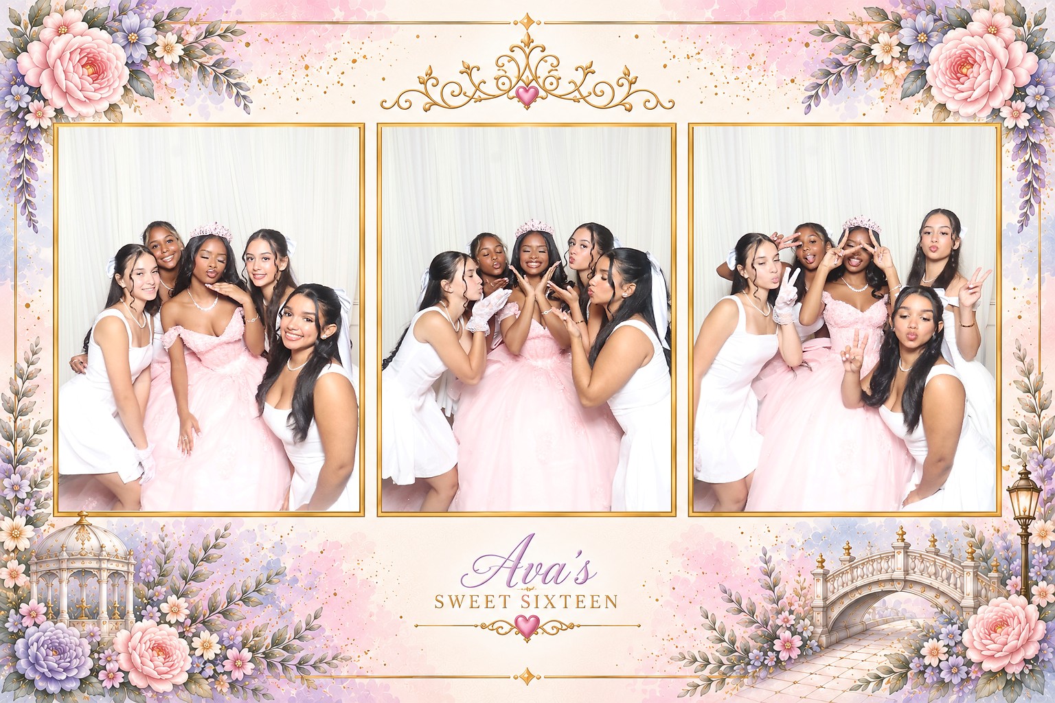 A custom three-photo print from a sweet sixteen with a pink floral frame design